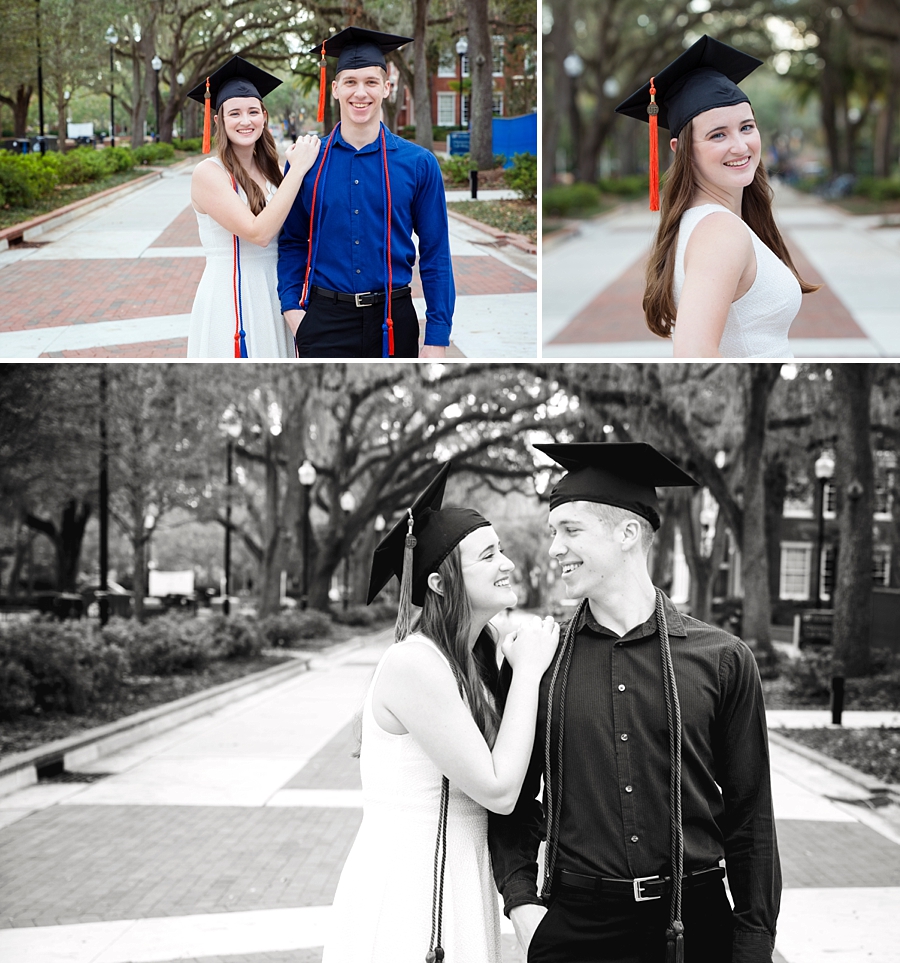 UF college graduate, graduation photos near UF library with boyfriend