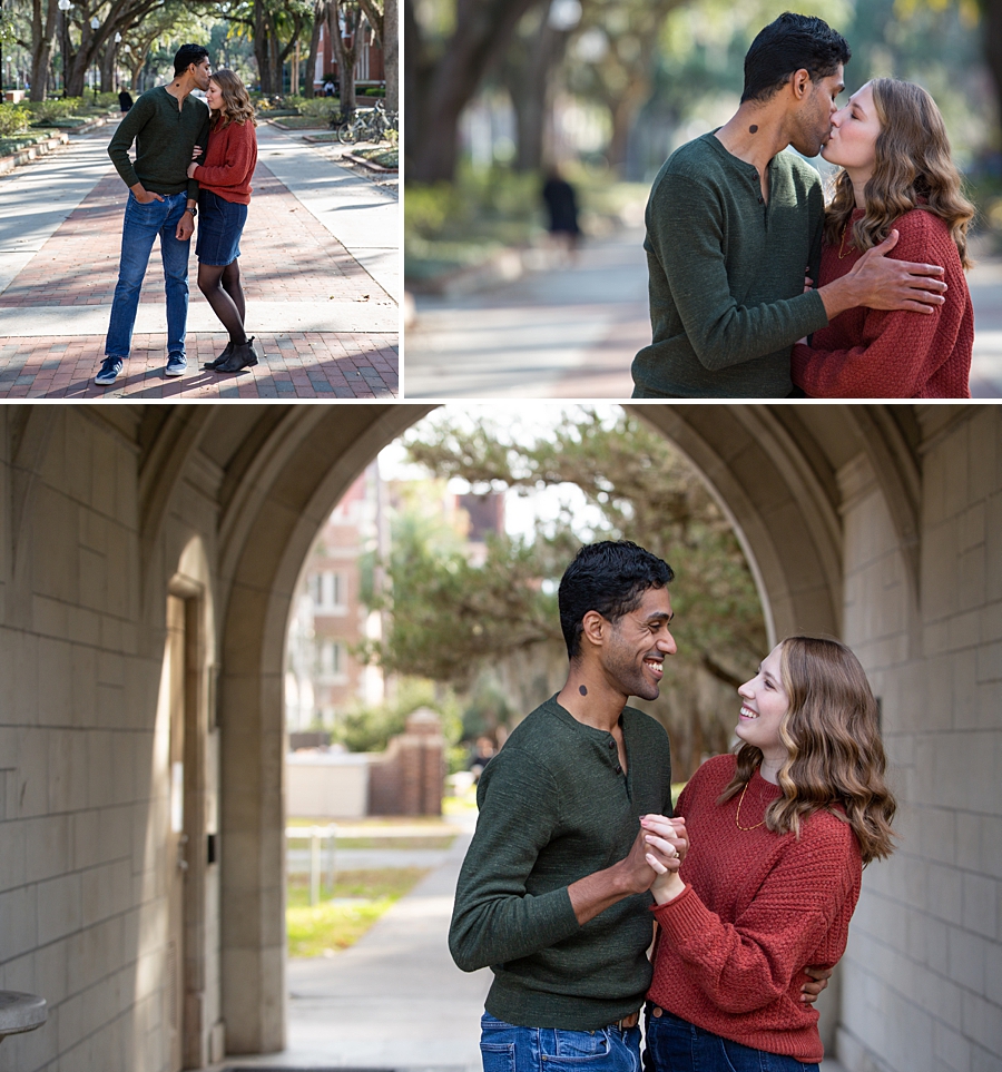 Engaged couple on UF campus by library