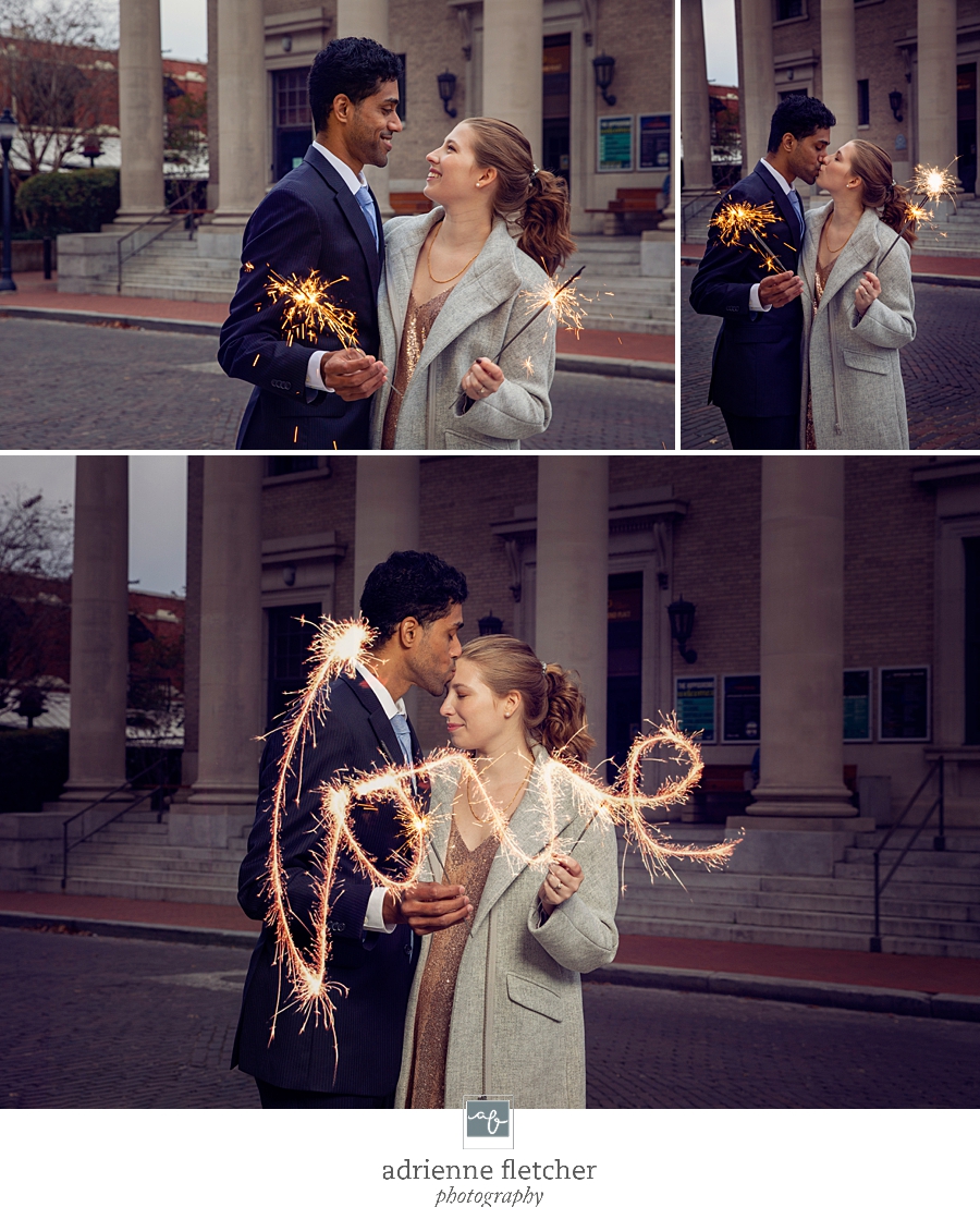 engaged couple with sparklers at Hipp