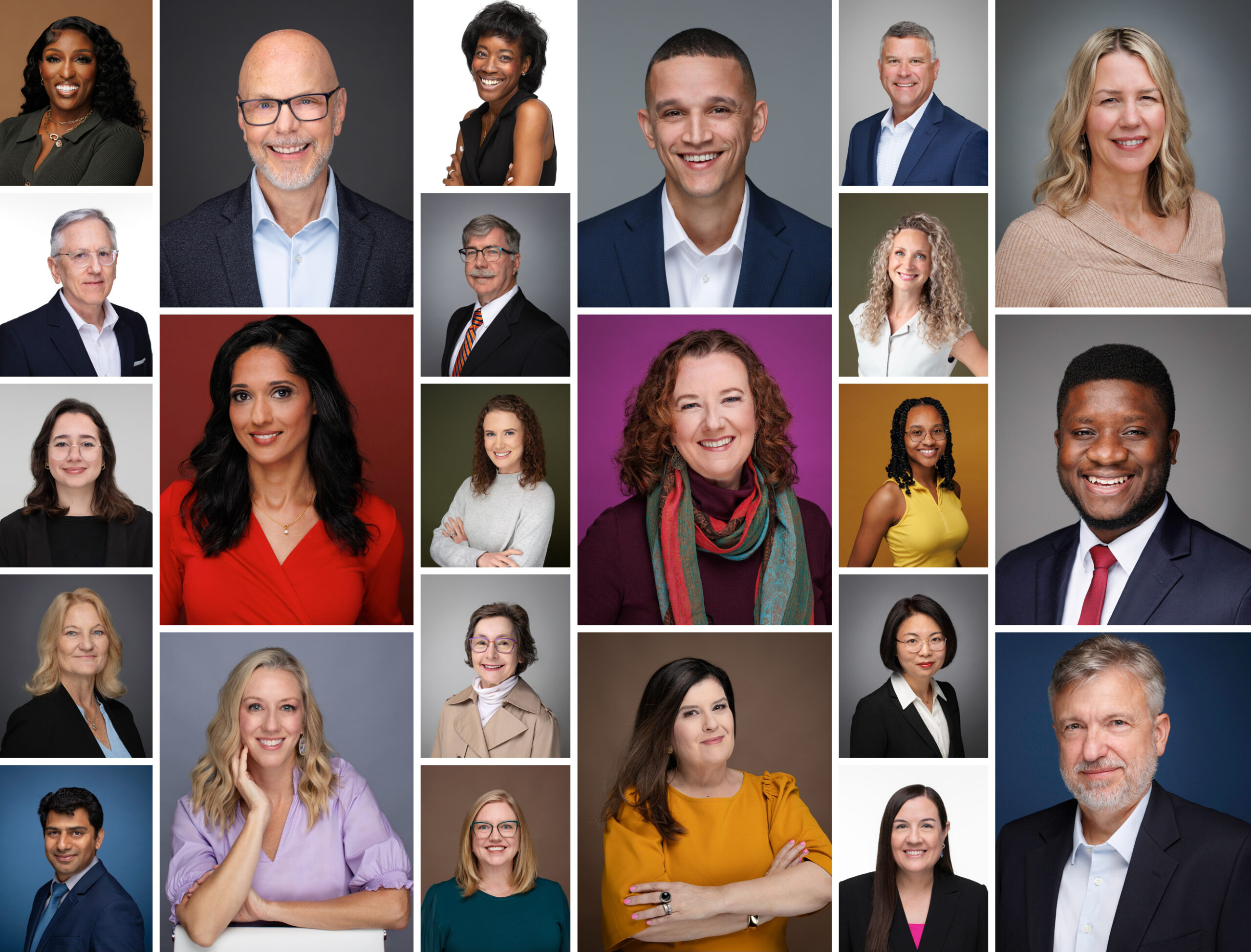 collage of professional studio headshots on a variety of colored backgrounds